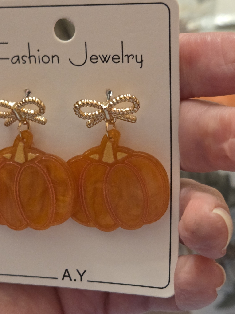 Golden Orange Pumpkin Drop Earrings With Gold Bows - Picture 5 of 5